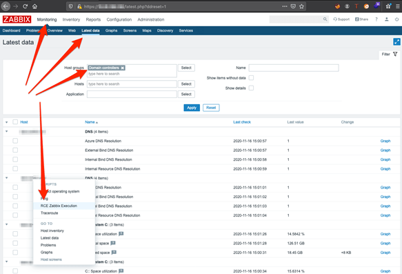 Captures how we then u item “Monitoring” and the sub-item “Latest Data” which gives the user the access to sort by specific Host Groups. Sorting by the Host Group set within the script creation process, we can see hostnames of systems within that group. Clicking on the hostname will present the user with additional functionality. In this case – we can execute the recently created script