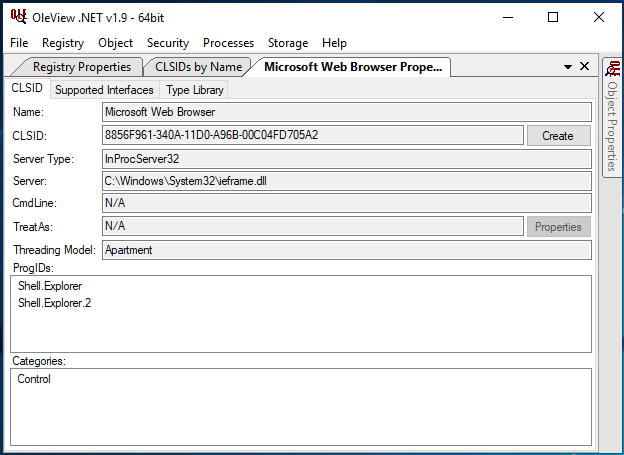 White Oak Security's oleview shows the Microsoft Web Browser properties