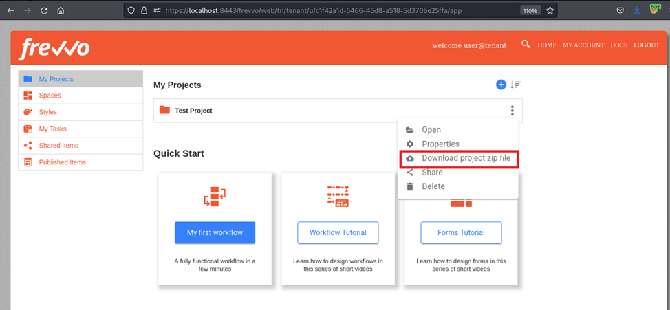 "download a project zip file" is highlighted in this Frevvo screenshot provided by White Oak Security expert penetration testers