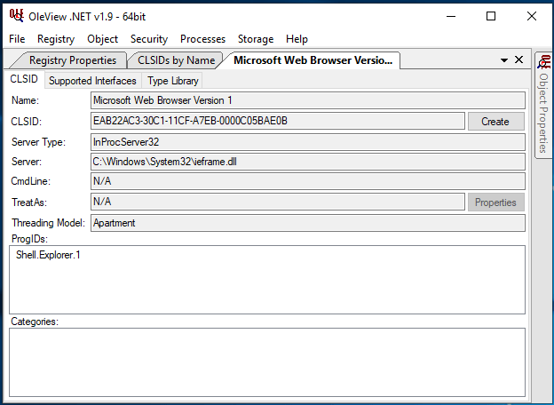 White Oak Security's oleview shows the Microsoft Web Browser properties as CLSID EAB22AC3-30C1-11CF-A7EB-0000C05BAE0B: