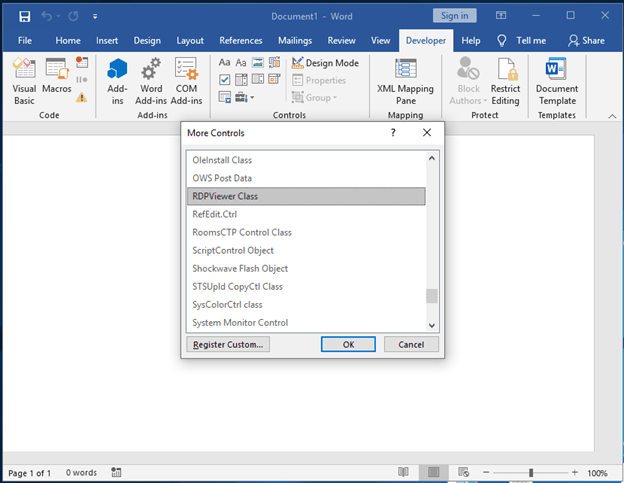 Starting with Microsoft Word, White Oak Security embed an ActiveX Control in a document. In our case we’ll choose the RDPViewer Control because based on previous experience it produces a fairly clean activex1.xml file for editing: