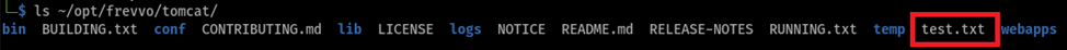 Because this was tested on an on-premise install, White Oak Security had the benefit of local access to the web server filesystem. Upon uploading the file, we can search for it within the Frevvo tomcat directory and find that “test.txt” is written to the Tomcat base directory: