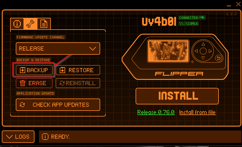 “Backup” is in a highlighted box on the flipper zero upgrade page screenshot by White Oak Security