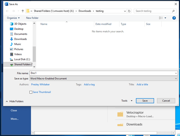 Then we’ll save this as a DOCM file before jumping to a Linux terminal. I just used the default of Doc1.docm.