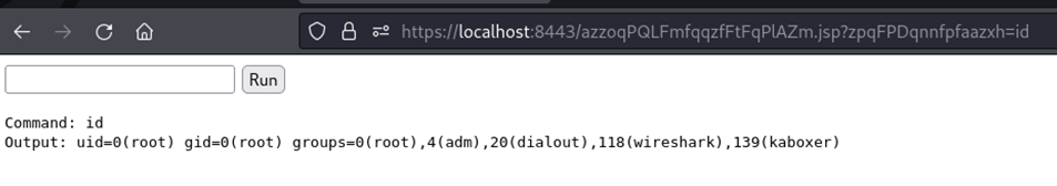 output: uid=0(root) gid=0(root) groups=0(root), 4(adm), 20(dialout)118(wireshark),139(kaboxer) code screenshot by white oak security