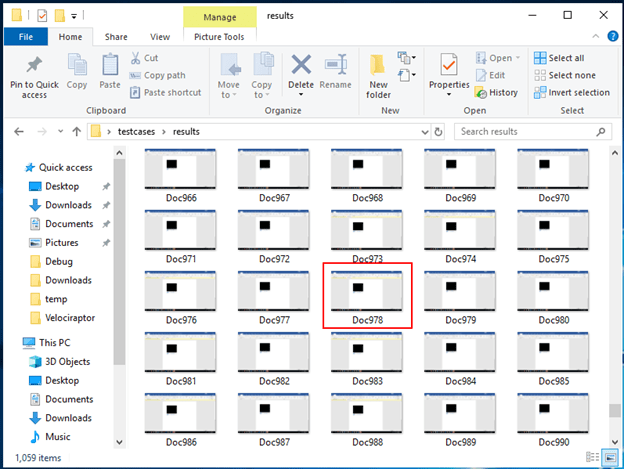 White Oak Security screenshot of screenshot results from the test cases with the Doc978 highlighted