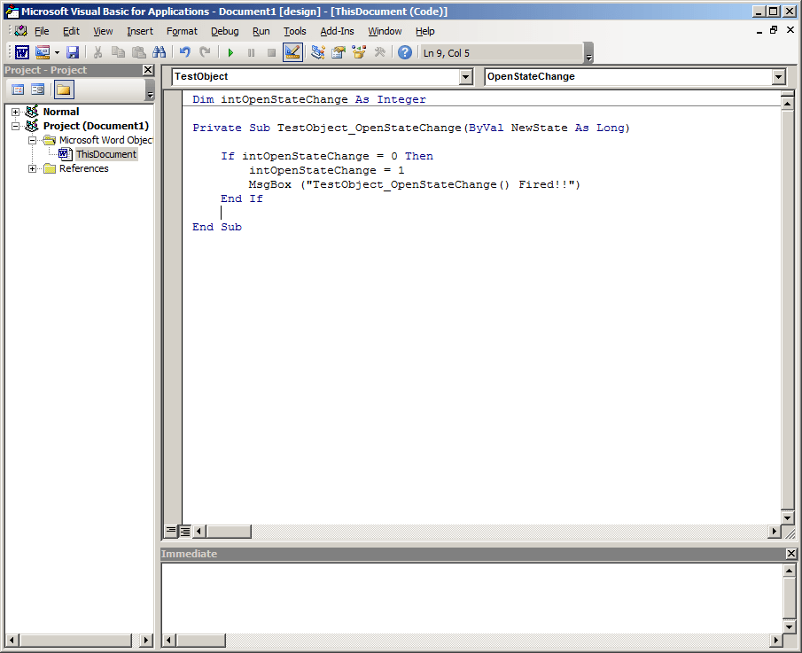 Word inserted the event handler TestObject_OpenStateChange() for us. This corresponds to the Player.OpenStateChange() event handler listed in Microsoft’s documentation. And guess what: this event handler is usable out of the box without modification.  I’ll note that this event handler can definitely fire multiple times, so we’ll need to setup a global variable to control our payload. We’ll do that now before we save the document.