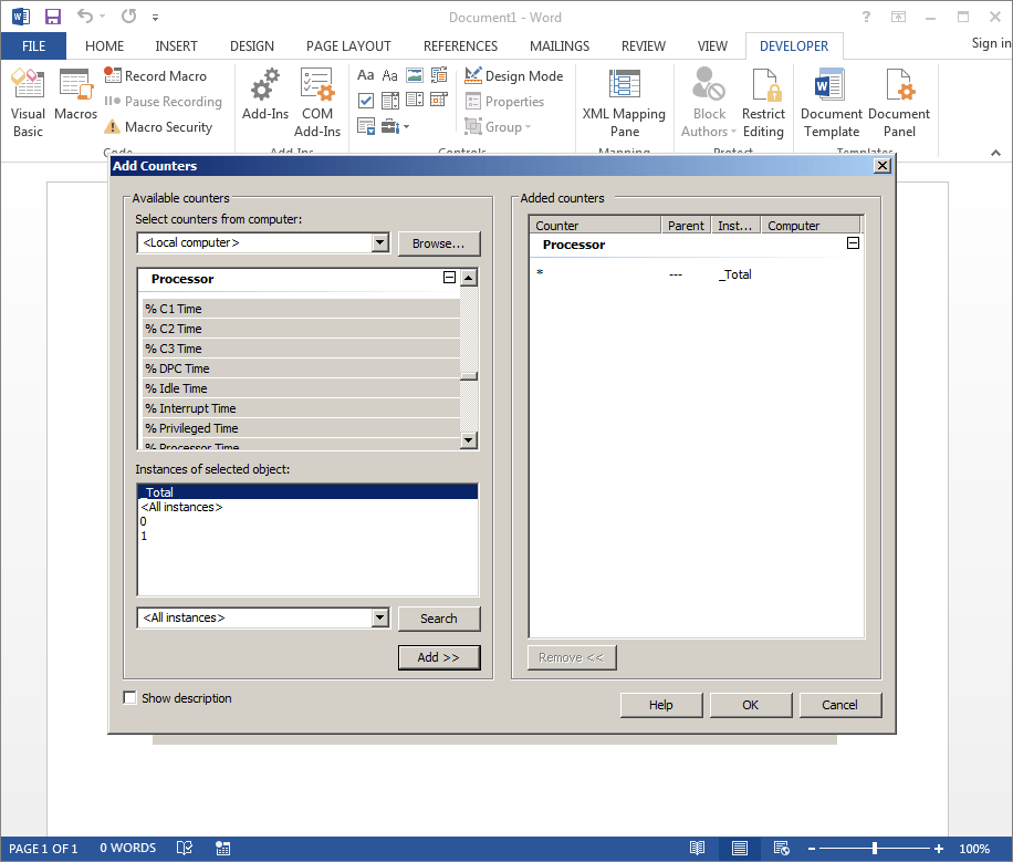 We’ve selected the Processor counter, with default settings. Please note the highlighted <All instances> section on the lower left-hand side of the control. This needs to be manually selected prior to clicking the “Add > >” button, or else the counters won’t be pulled correctly. So let’s click that button to see what this should look like.