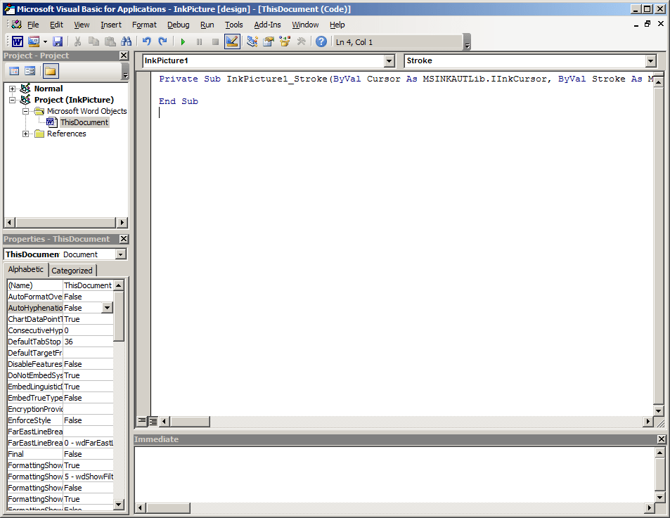 Screenshot by White Oak Security shows the Microsoft Visual Basic for Apps - InkPicture [design] shows the Private sub for the document.