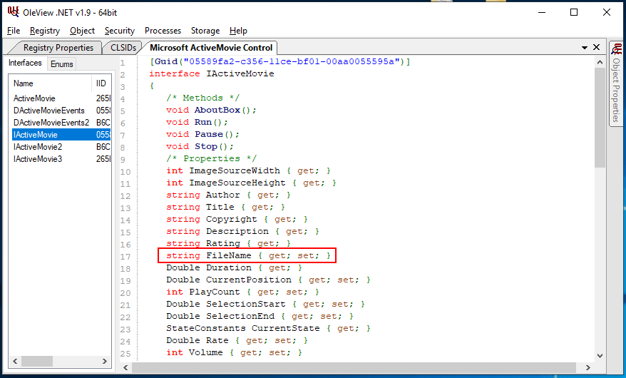 White Oak Security shows the oleview parameters for the Microsoft ActiveMovie Control
