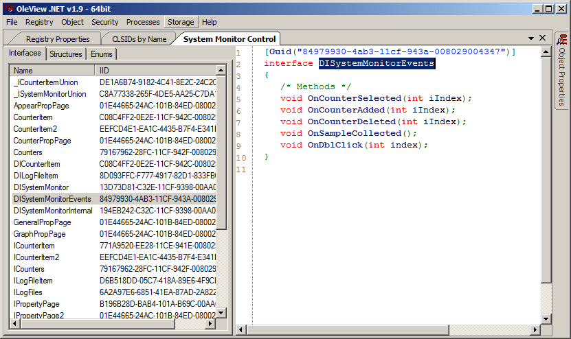 What you’ll see next is a list of COM interface classes associated with System Monitor Control. Since we’re interested in events, let’s narrow our focus on DISystemMonitorEvents.