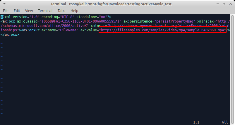 Now let’s modify the FileName parameter to induce the ActiveMovie.OpenComplete() event handler to fire! To do this, we’ll return to the word/activeX/activeX1.xml file and modify it to the following mp4 sampe