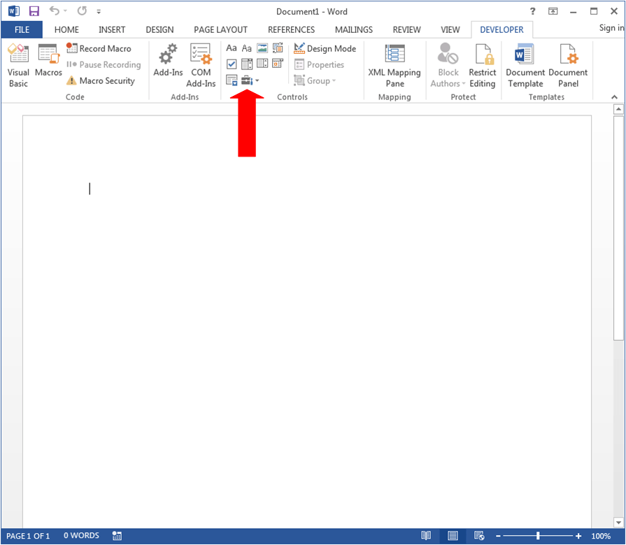 White Oak Security's expert pentester demonstrates opening Word and select the Developer tab. In the Developer tab you’ll see a toolbox icon in the Controls submenu (which has a red arrow pointed to it).