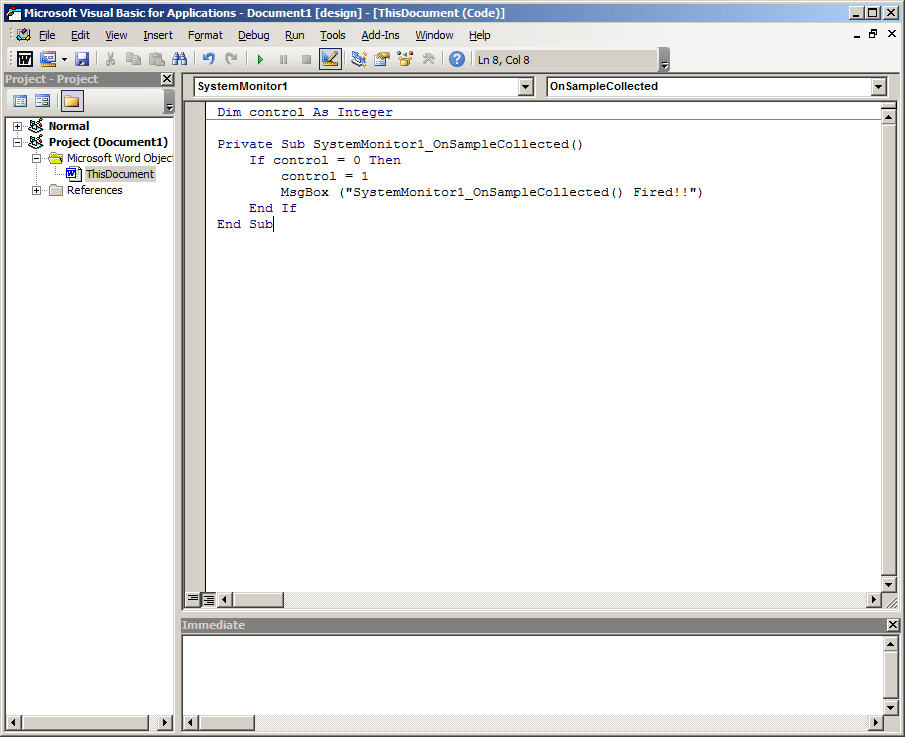 It’s the OnCounterSelected() event that we saw in oleviewdotnet. Since we really don’t care about this event, let’s change it to OnSampleCollected(). We can see in oleviewdotnet that the argument list for this handler is empty, so let’s make sure that it’s reflected in VBA. Also, this event fires literally every time a performance counter is collected. If we don’t control its execution we’ll either have to kill Word or deal with a race condition between our MsgBox() popup tests and selecting the pause button on the control. Let’s make the following macro to test this event handler.