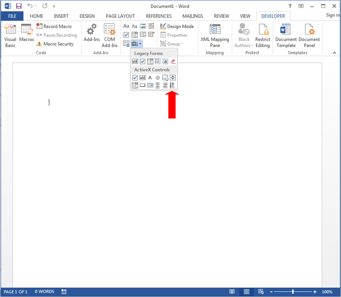 White Oak Security's penetration testing experts show a red arrow to the screw driver and wrench - After you click the Toolbox icon, you’ll see a submenu containing Legacy Forms and ActiveX Controls. Then within the ActiveX Controls section you’ll find an icon of a screwdriver and wrench.