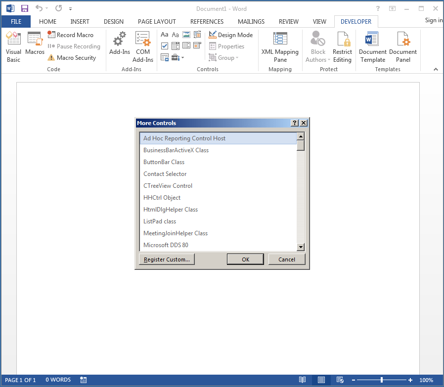 After you click that screwdriver/wrench icon the list of embeddable ActiveX controls will open. White Oak Security's experienced penetration testers show the activex controls pop up box.