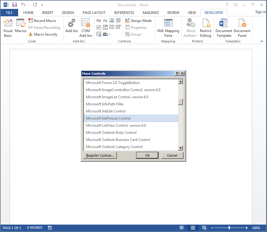 White Oak Security pentesting screenshot shows a list of the ActiveX controls box that pops up, once you scroll down you can select Microsoft InkPicture Control.
