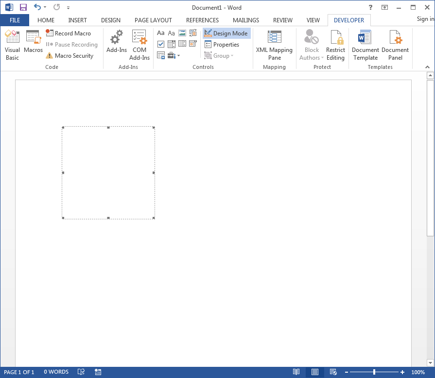 White Oak Security word doc screenshot, once you've hit ok on the ActiveX InkPicture Controls - it creates a transparent box in Design Mode