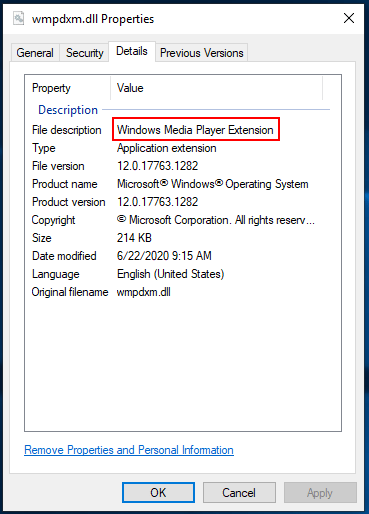 White Oak Security checking the DLL properties we find that it’s called Windows Media Player Extension: