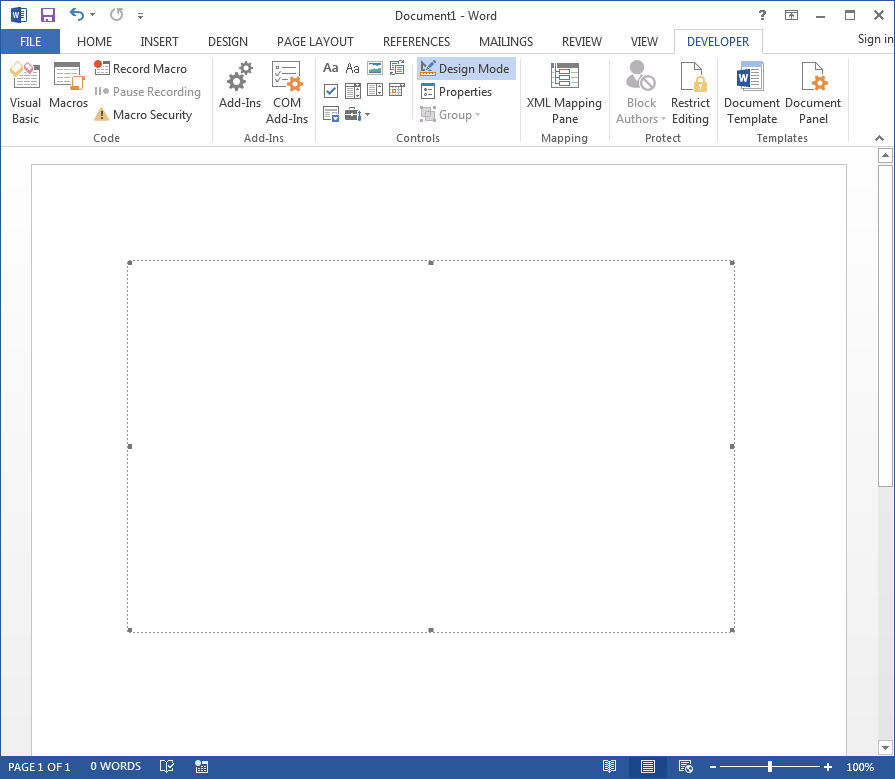 First, inserting the InkPicture control created what appears to be a white square. Second, in the ribbon bar we see that “Design Mode” is highlighted. So right now, we can’t interact with the embedded control, but we can edit its shape and interact with its properties. Let’s make that square into a rectangle that fills up the screen. Screenshot by White Oak Security.