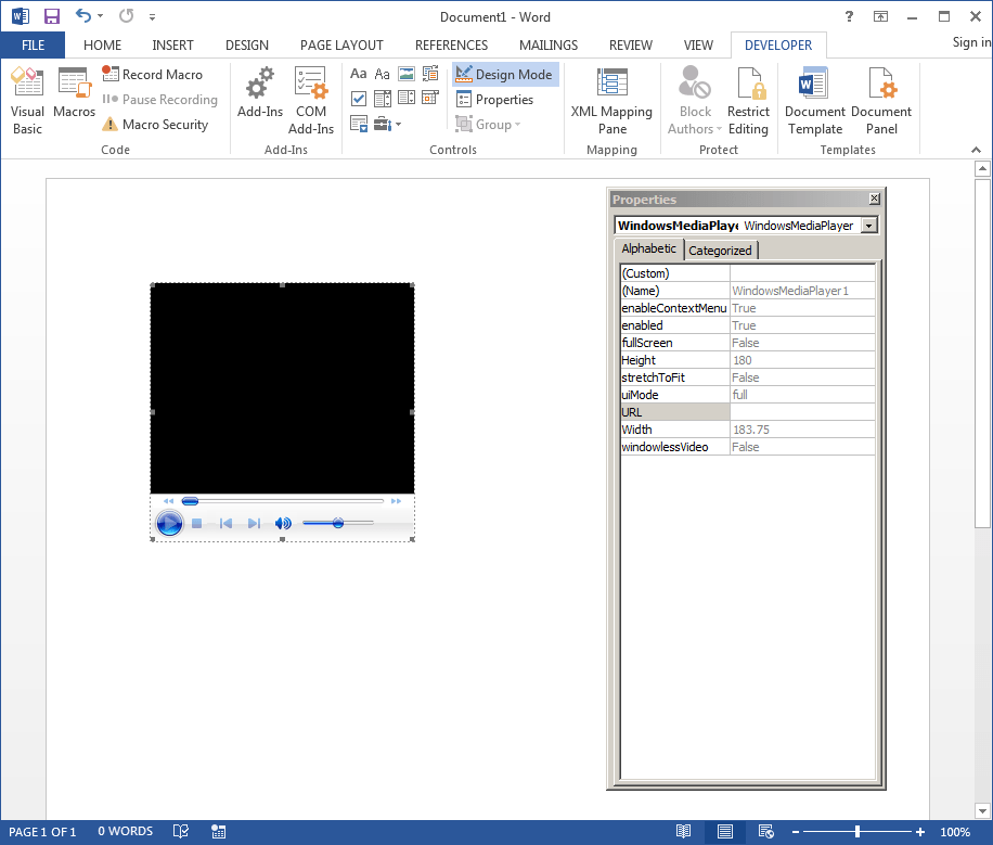 To open its Properties, you can either Right-Click the control and select Properties from the context menu, or you can select the control and click “Properties” right below “Design Mode”. White Oak Security demonstrates this - a pop up box appears.