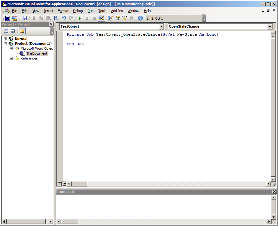 This screenshot by White Oak Security shows that  if you double-click a usable control Word will fill in an event handler routine in VBA for you. Let’s do that now and see what Word give us.