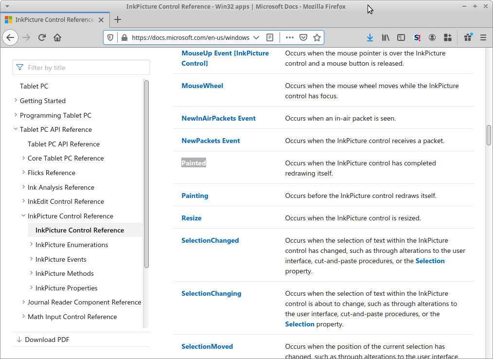 The InkPicture Control Reference screenshot by White Oak Security and identify the Painted event.