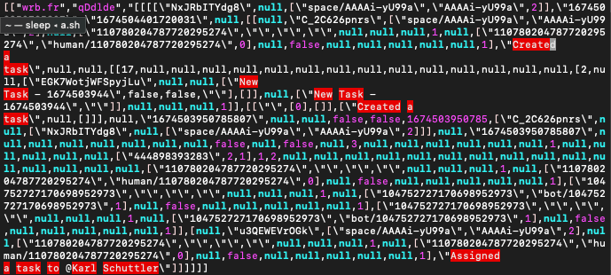 screen grab by White Oak Security’s expert pentester shows JSON code object with JSON nested within it for Google Task and Google Space data