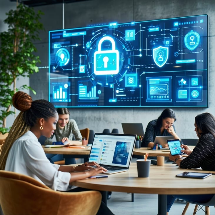 A modern office environment featuring a blend of remote and hybrid workspaces In the foreground a diverse group of employees is engaged in various activities one is working on a laptop at a caf table another is on a video call in a home office with a