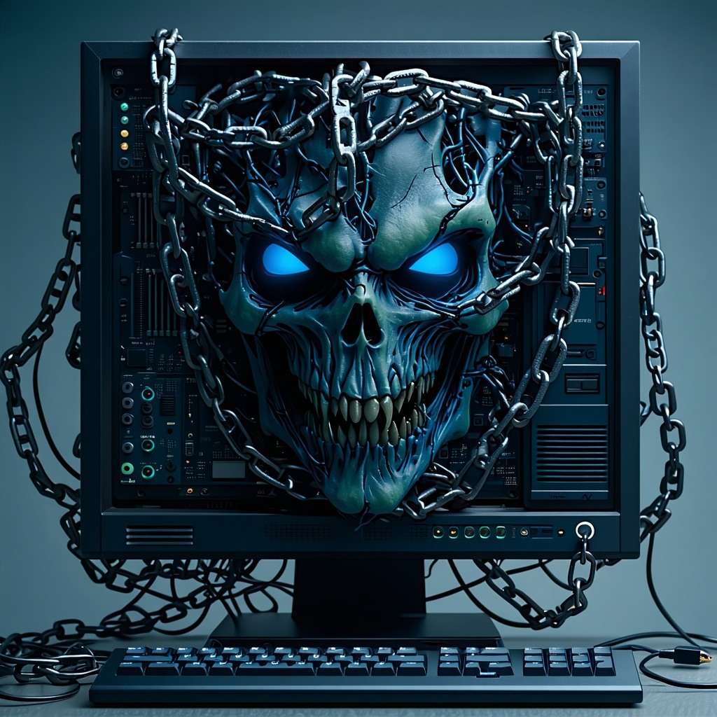 computer with chains and a malicious face represents the dangers of cryptowall word attachments within emails, Unless you want to be part of the Cryptowall Community, be careful opening that word attachment in your email! With cyber advisors you can be protected, talk to a trusted cybersecurity expert today! We manage and monitor your security for you.