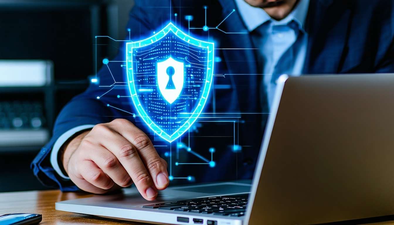 A business professional working on a laptop with a