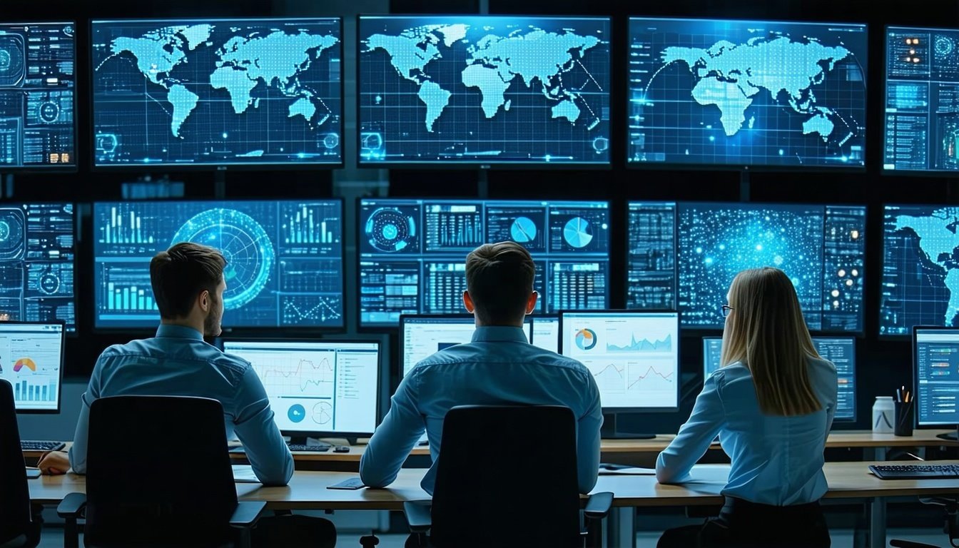 A diverse team of professionals analyzing network