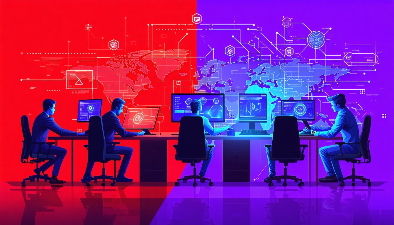 A dynamic illustration showcasing Red Team, Blue T