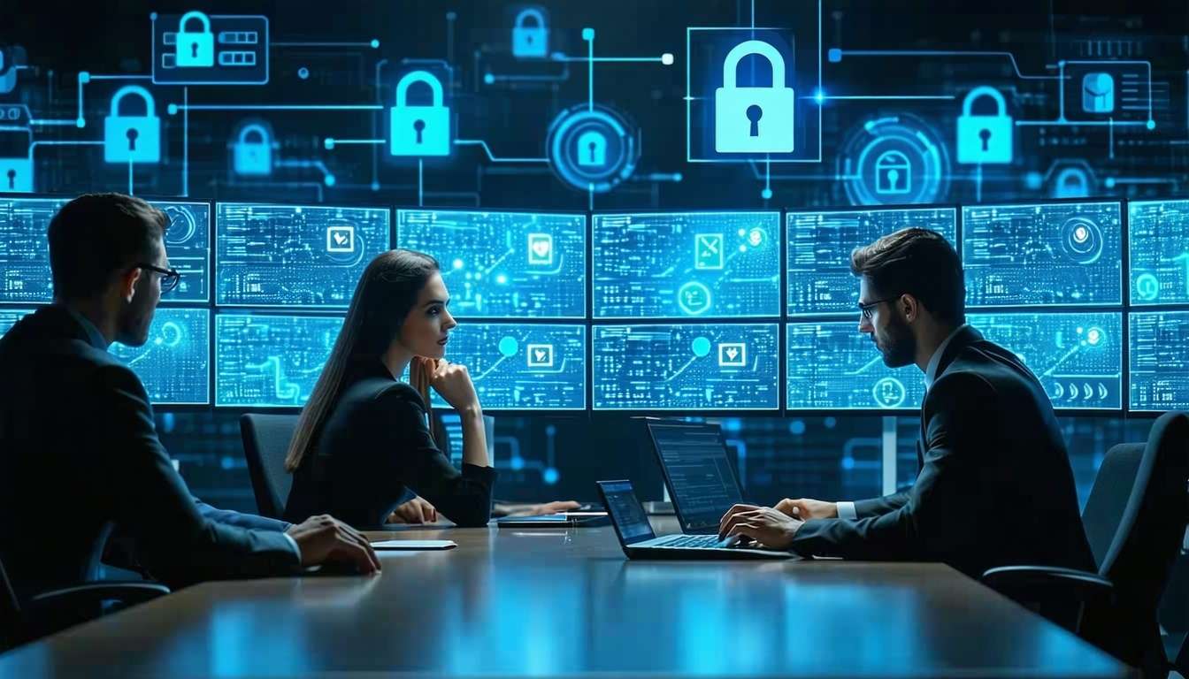 A group of cyber advisors security professionals analyzing d