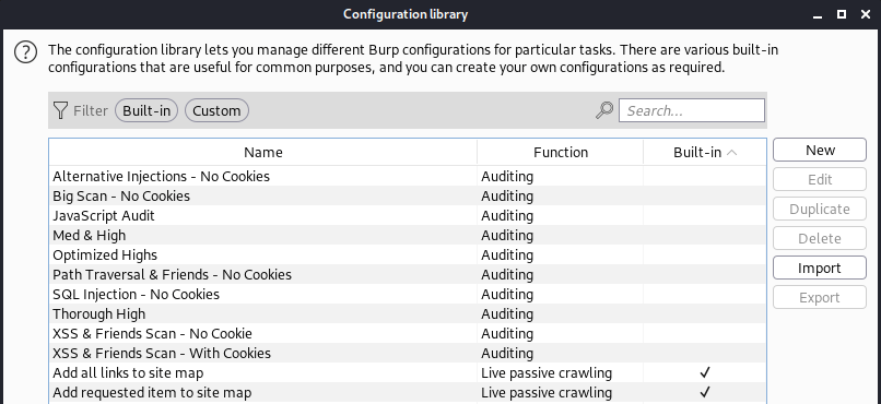 configuration library of burp suite screenshot of predefined white oak security templates