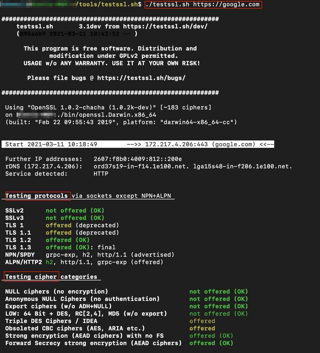 Screenshot of testssl.sh testing protocols & testing ciphers by white oak security blog. 