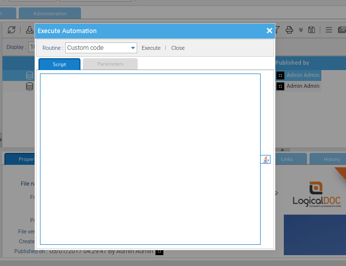 Once logged into the LogicalDOC application with an Admin account, White Oak Security navigated to the Execute Automation functionality Through custom code routine.