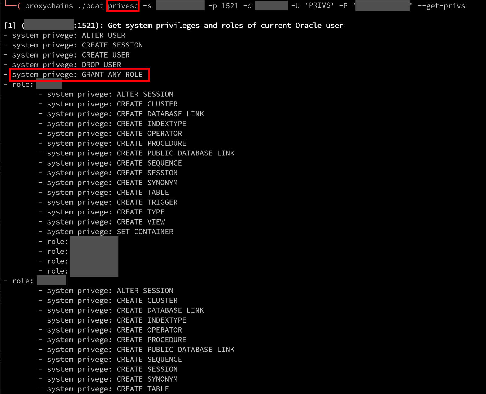 White Oak Security shows the PRIVS user was identified as having the privilege of “GRANT ANY ROLE”, which is exactly what we were looking for, as this user is effectively.