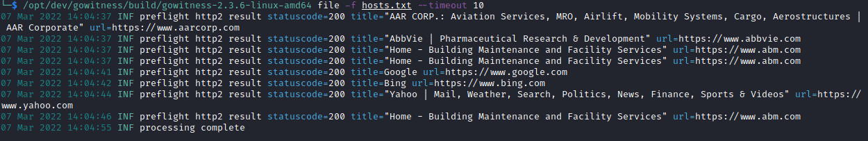 Similar or duplicate hosts can be grouped together by enabling perception sorting. You’ll notice the abm.com screenshots are grouped together in order in gowitness in this screen grab by White Oak Security.