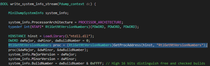 Screenshot as White Oak Security’s  we removed a large amount of unnecessary code, we found that the only lingering usage of READ_MEMLOC () was in pulling OS version information via reading the PEB. So we replaced the call with RtlGetNtVersionNumbers()to get the OS Major/Minor and Build Numbers.