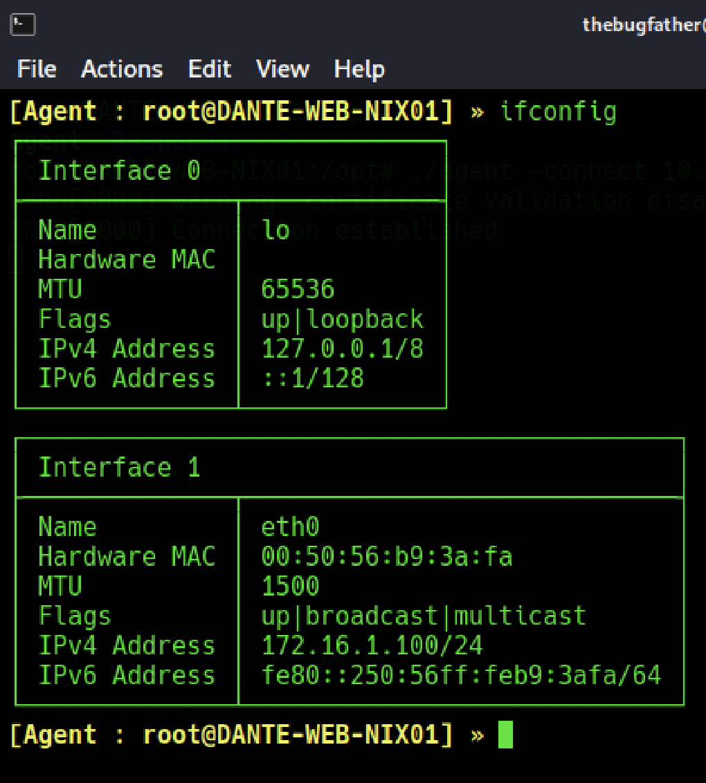 Now that we have connected the agent, the ifconfig command can be issued to enumerate internally hosted networks on other network interfaces.Screenshots by white oak security penetration testing and cybersecurity company