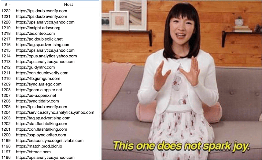 Typical Tracking Hot Garbage from a Single Website (yahoo.com) white oak security’s Screenshot shows a bunch of garbage urls and a photo of kondo saying this does not spark joy