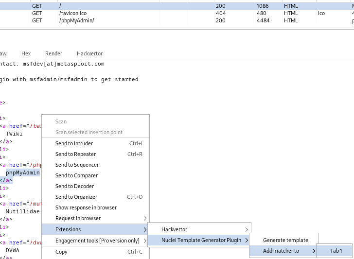 phpMyAdmin Extensions > nuclei template generator plugin > add matches to > tab 1 screenshot by White Oak Security 