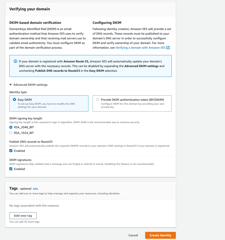 White Oak Security shows how to set up the DNS record for Route53 it shows that the easy DKIM is selected and the RSA_2048_BIT is selected, publish DNS records to route53 is checked and DKIM signatures are enabled.